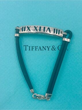 Authentic Tiffany & Co Atlas Roman Numeral Bar Black Rubber Cord Bracelet
